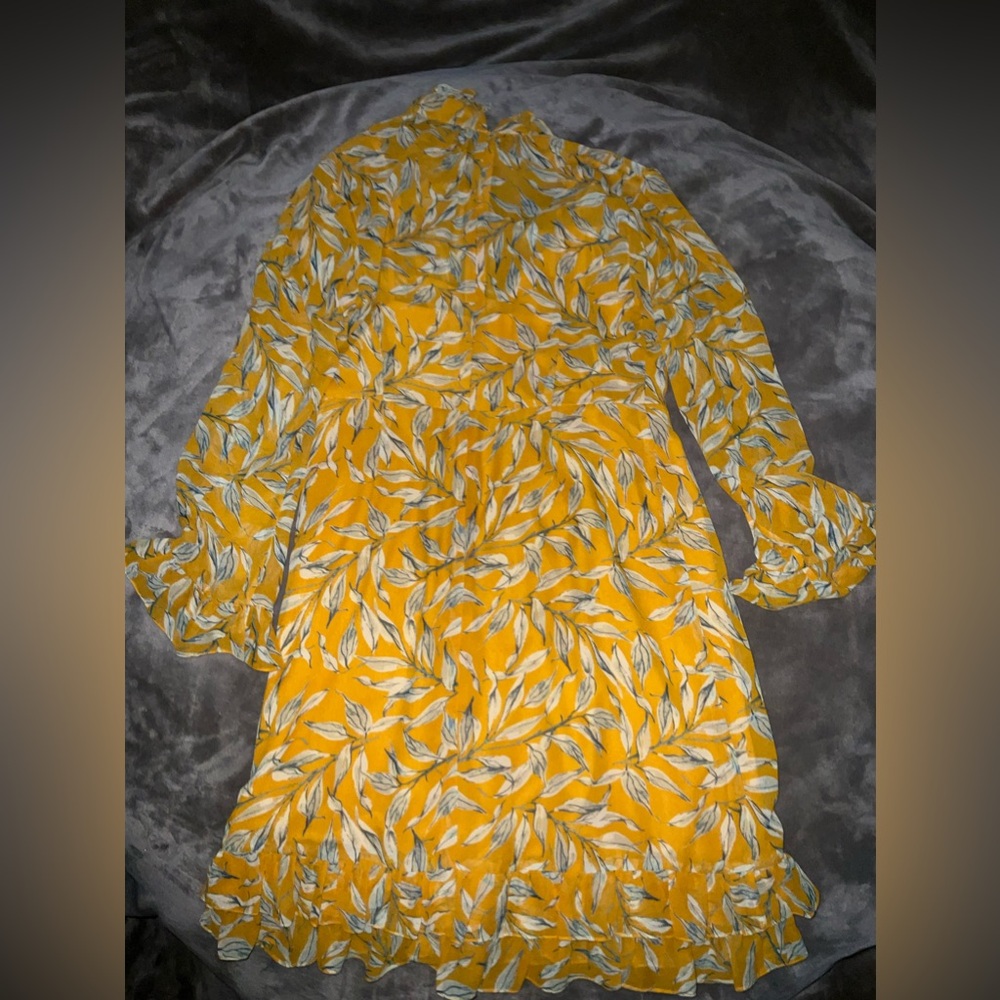 Mikael Aghal Leaf Print Dress Yellow Size 12 workwear statement dress